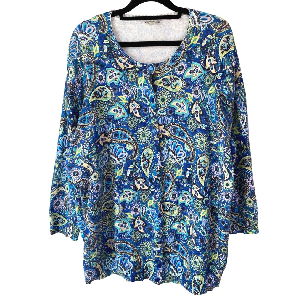 Talbots Women Cardigan Sweater 2X Blue Paisley Button Front 3/4 Sleeve Cotton